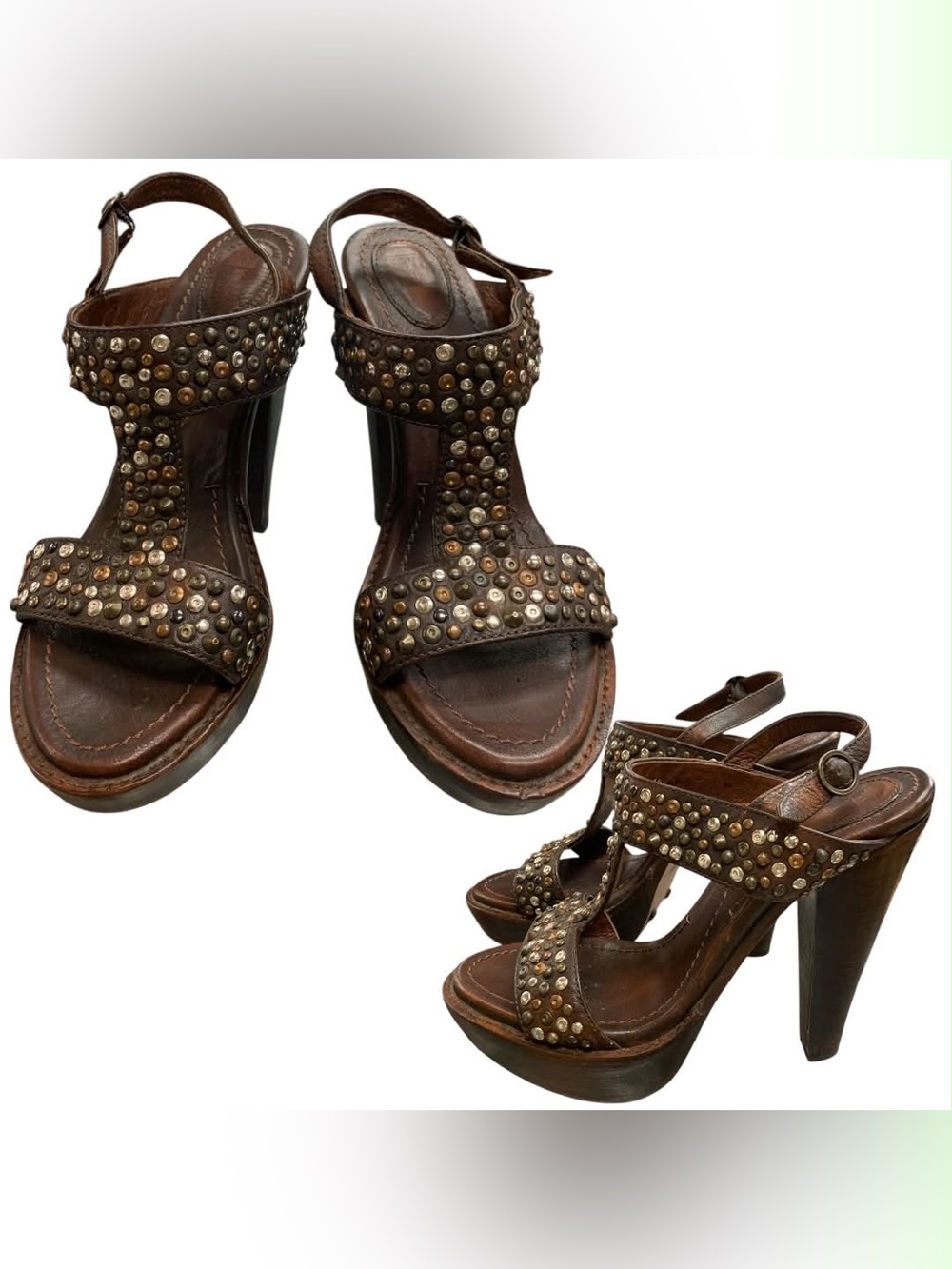 Frye Brown Studded Leather Platform Sandals S7